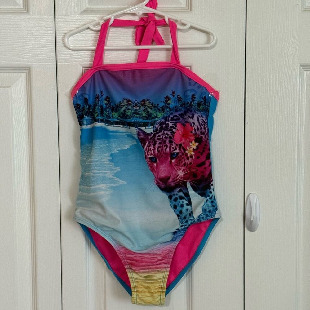 Girls Swimsuit Tropical Leopard Print Pink Sz 12